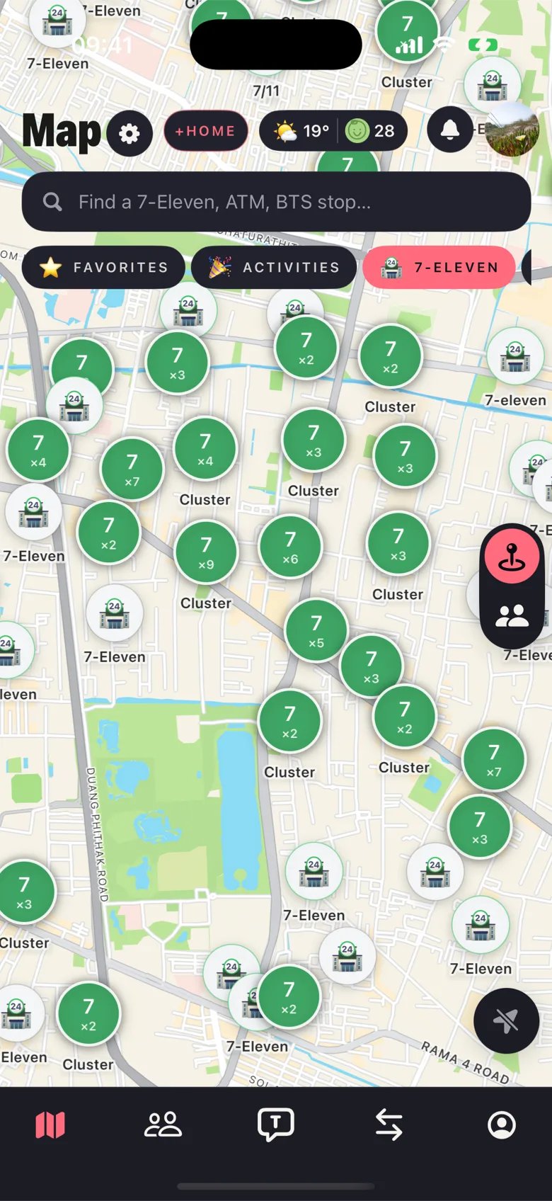 The Farang offline map in Places mode, with central Bangkok blanketed in 7-Eleven pins and clustered pin counts.
