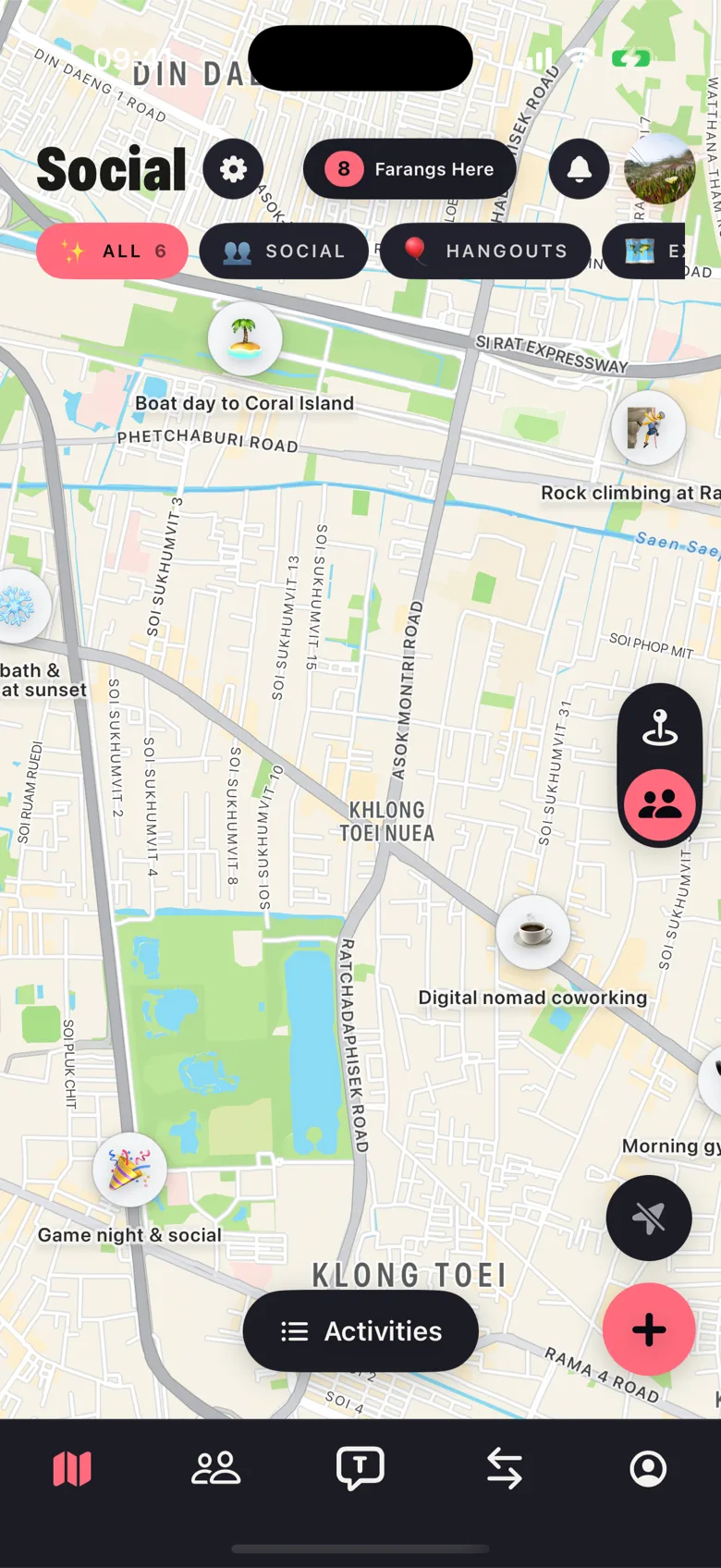 The Farang map in Social mode, showing activity pins where people are meeting up across central Bangkok tonight.