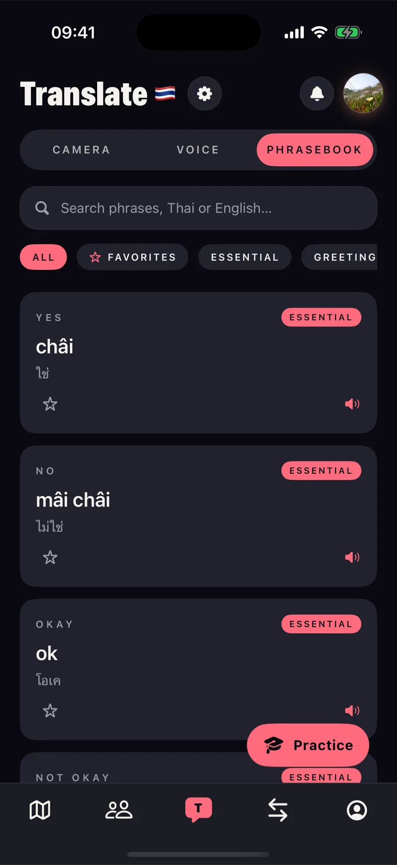 The Farang Translate tab, a Thai phrasebook listing each phrase in English with its romanisation and Thai script.