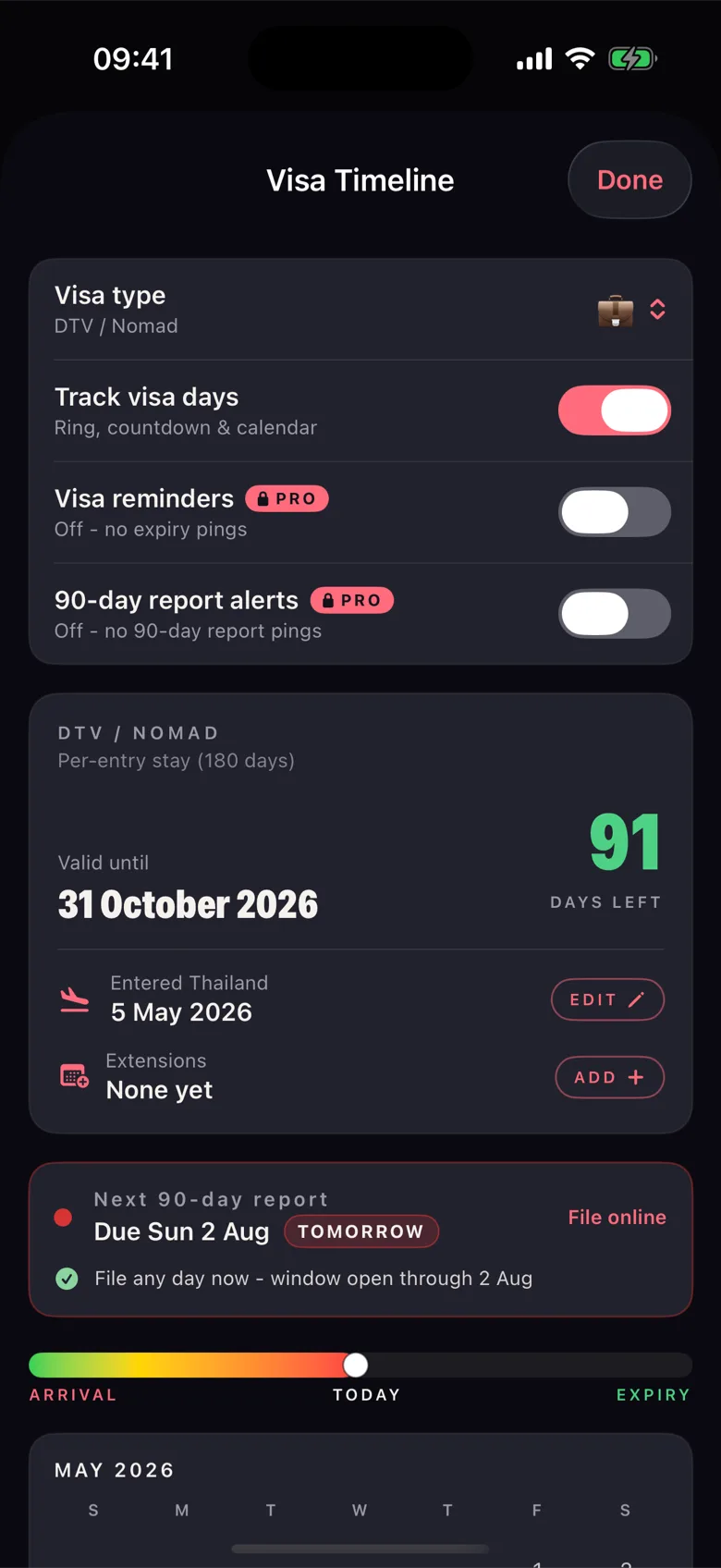 The Farang Visa Timeline screen: visa type DTV slash Nomad, 91 days left, valid until 31 October 2026, entry date, extensions, and the next 90-day report due date.